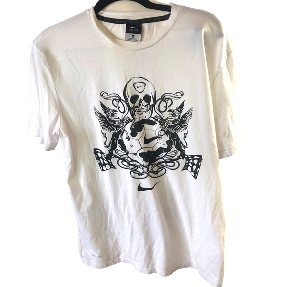 Nike Soccer DriFit Tee Men M White with Skull and Birds Short Sleeve Crew Neck - Picture 1 of 7